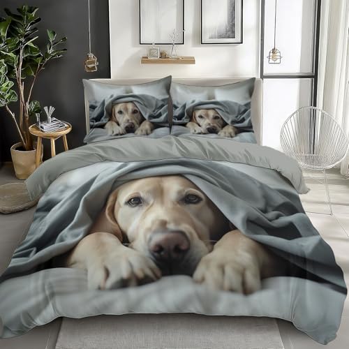 Bettwäsche Set Tier Labrador Foto Grau,Weich Und Angenehm Bügelfrei & Knitterfrei Bettbezug Set Mit 80X80 cm Kissenbezug 3Er Set Bettwasche Mit Reißverschluss 135 cm X 200 cm