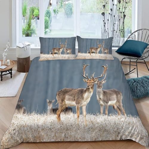 Hirsch Kinder Bettwäsche 155x200 Elch 3 Teilig Bettbezug 155 x 200 cm 3D Bettwäsche-Sets Weiche Bettbezug Set Wilde Tiere Bettbezüge Set und 2 Kissenbezüge a.3602