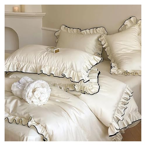 GSCLZ Luxus Hochzeit Bettwäsche Rüschen Schwarz Rand Jacquard Bettbezug Bettlaken Kissenbezüge(Sliver,Fitt ed_King 220X240CM 4PCS)