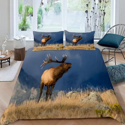 Elch Bettwäsche übergröße 155x220 Rotwild 3 Teilig Bettbezug 155 x 220 cm 3D Bettwäsche-Sets Weiche Bettbezug Set Wilde Tiere Bettbezüge Set und 2 Kissenbezüge a.207