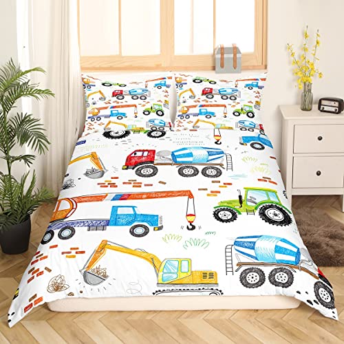 Homewish Bagger Bettbezug Set Cartoon BAU LKW Bettwäsche Sets Baufahrzeug Tröster Abdeckung für Kinder Jungen Traktor Zement Mixer Hand Draw Quilt Cover Kinderzimmer Dekor 1 Kissenbezug 135x200…