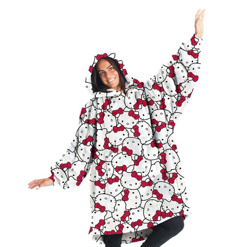 Kanguru Kuscheldecke mit Ärmeln & Kapuze Hello Kitty – Tragbare Decke zum Anziehen 85x75 cm – Superweich, Ärmeldecke mit Hoodie für Damen – Ideal für Sofa, TV & als Geschenkidee