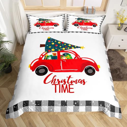 Bettwäsche 155x220 Weihnachtsauto Bettbezug 155x220 & 2 Kissenbezügen, Rotes Auto, Schwarz-weiß Kariert Bettbezug Set Microfaser Bettdeckenbezug mit Reißverschluss und 2 Kissenbezug 80x80cm