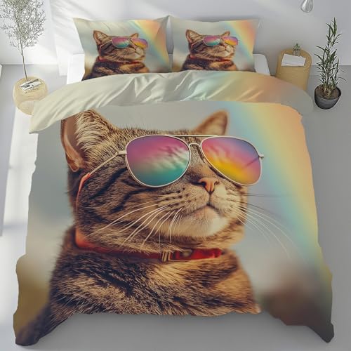 Sobhdga Groovy Katze Bettwäsche 135x200 3teilig, Süße Kätzchen Bettwäsche-Sets Mikrofaser, Niedliche Haustier Bettbezug Weich, mit Reißverschluss Und 2 Kissenbezug 80x80 cm