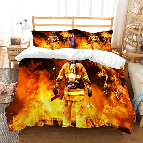PUOJIEAT Bettwäsche 155x220 Feuermotiv Weich Mikrofaser Bettwäsche-Sets Feuerwehr Bettbezug mit 2 x Kissenbezug 80x80 cm 3D Bettzeug Set e.5978