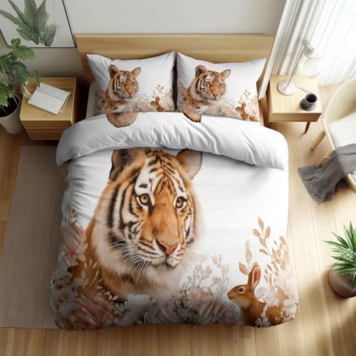 Quixora Bettwäsche-Set für Kinder 155 x 220 cm bettbezug mit Reißverschluss, 2 Kissenbezug 80x80 cm, dekoratives Tier Bengalischer Tiger Aquarell Muster für Mädchen und Jungen Schlafzimmer, Bügelfrei