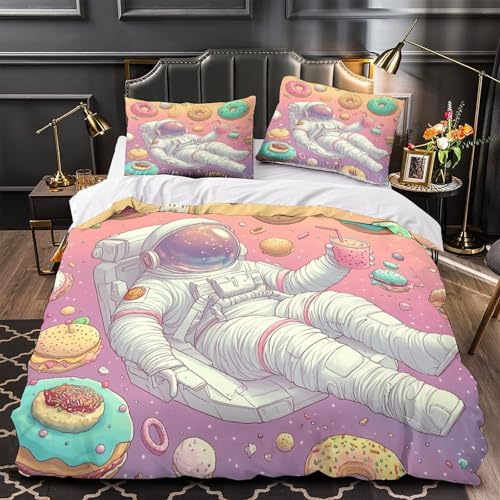 WTORIMPEL Astronaut schwebt 3D Bedruckt Bettbezug 3teilig Mikrofaser atmungsaktiv Süßes Weltraumdessert Bettdeckenbezug 2 Kissenbezüge Reißverschluss Jungenzimmer Deko Double?200x200cm?
