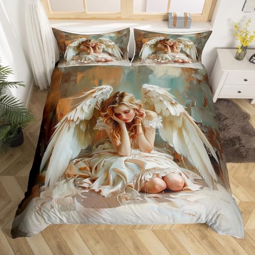 Homewish Engel Bettwäsche Engel Flügel bettbezug Set 135x200cm für Kinder Aquarell Stil Bettwäscheset Ölgemälde bettset Mikrofaser 1 Kissenbezug raumdekor