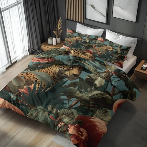 Generisch Bettwäsche 200x200 Cheetah Dschungel Blumenmuster, Weiche Bügelfreie Mikrofaser Bettbezug Set 3tlg, Leopard Wildtiere Muster Schlafzimmer Deko, 2 Kissenbezüge 80x80, mit Reißverschluss
