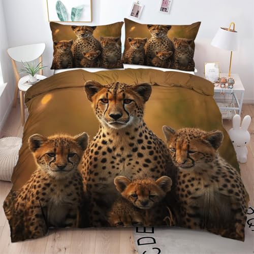 Gumntun Bettwäsche 200×200 cm Brauner Leopard, 3D Gedruckter Bettbezug-Set für Doppelbett, Leicht & Atmungsaktiv Steppdeckenbezug mit 2 Kissenbezug 80x80 cm