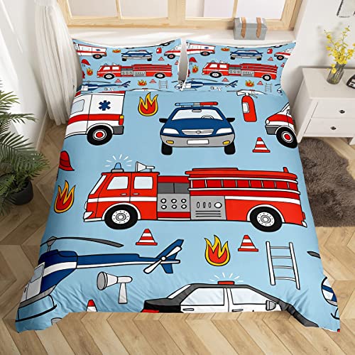 richhome Feuerwehr LKW Bettbezug Set 135x200,Cartoon Polizei Auto Flugzeug Kleinkind Bettwäsche Set, Feuerwehr Werkzeuge Tröster Abdeckung, rot blau Quilt Cover, 1 Kissenbezug