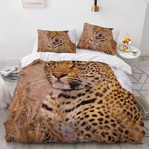 Leopard Bettwäsche 200x220 Winter Bettwäsche-Set 3D Wildtiere Weiche Mikrofaser Bettbezug Khaki Bettbezüge mit Reißverschluss und 2 Kissenbezüge 80x80 cm h-1325