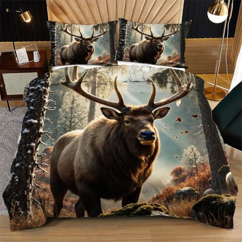 Nuphtun Quadratisches Bettwäsche Set 180x200 Grauer Elch, 3D Bettdeckenbezug Quadratisch mit 2 Kissenbezügen | Luxuriöse Microfaser-Qualität | Extrem weich und anschmiegsam N64