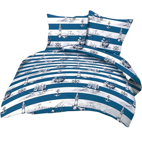 Heubergshop 2-teilige Seersucker Bettwäsche 155x220cm + 80x80cm - Leuchtturm, Maritime, Anker, Schiff in dunkelblau und weiß - Bettgarnitur, 100% Baumwolle, bügelfrei (EW-736/2)