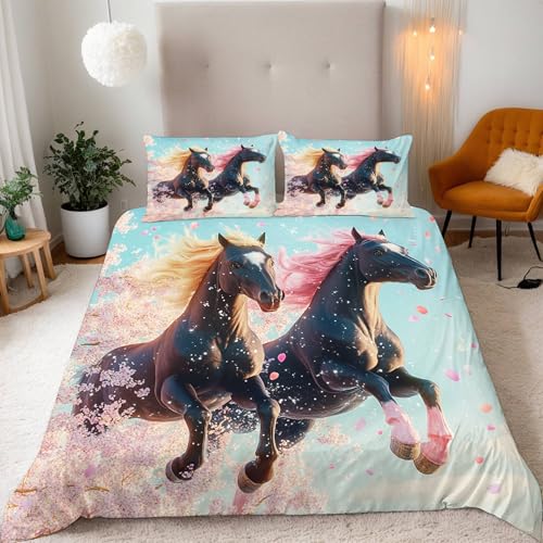 Tier Pferd Bettwäsche 135X200 Junge Mädchen Bettbezug 3D Effekt Teenager Bettwäsche-Set Mikrofaser Bettbezug Mit Reißverschluss Und 2 Kissenbezug 80X80Cm