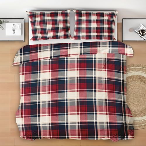 Generisch Rot Blau Kariert Bettwäsche 200x220 3 Teilig - Bauernhaus Bettwäsche-Sets, 1 Bettbezüge 200x220cm + 2 Kissenbezüge mit Reißverschluss, Modern Kunst Bettzeug Weich und Bügelfrei S28s