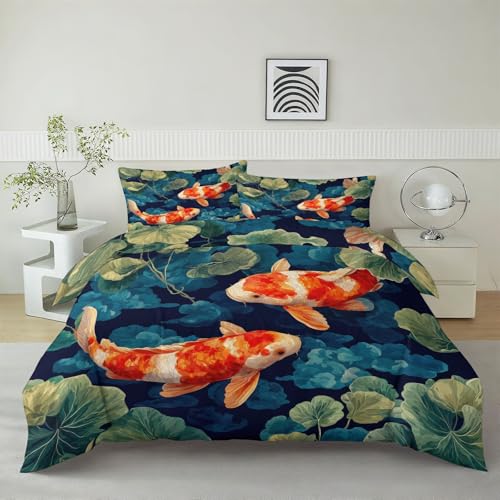 Bettwäsche 155x220 cm Orientalische Kunst Teich Koi Blatt, Weiche Bügelfreie Cozy Mikrofaser Wendebettwäsche Set 3tlg, Mehrfarbig Schlafzimmer Deko, 2 Kissenbezug 80x80 cm - mit Reißverschluss