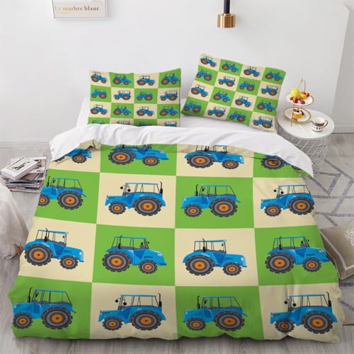 Generisch 3D Cartoon Traktor Bettwäsche 155x220 cm 3teilig Cartoon Traktor Bettbezug mit Reißverschluss 100% Mikrofaser Leicht Atmungsaktive Bettwaren Set mit 2 Kissenbezüge 50x75?Muster 104-20?