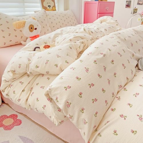 AShanlan Bettwäsche 135x200 Beige Rosa Blumen Landhausstil Style Bettbezug 2teilig Pink Aesthetic Cute Mikrofaser Gestreift Mädchen Bettwäsche-Sets mit Reißverschluss und Kissenbezug 80x80