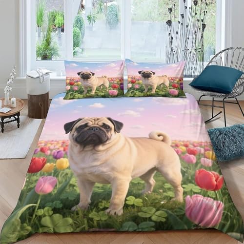 TACOKI Mops Bettwäsche 155x220 Mops Bettwäsche Set, 3D Muster Wendebettwäsche Bettbezug 3-teilig Weich Cozy Mikrofaser Bettbezüge + 2 Kissenbezüge 80x80 cm 1341a