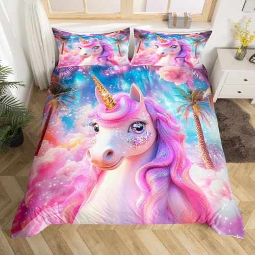 Loussiesd Traumhaftes Einhorn Bettwäsche-Set Mädchen Nettes Pferd Druck Bettbezug Set Kinder Cartoon Tier Bettwäsche Set 220x240cm, Bunte Regenbogen Wolke Druck Betten Set Magie Einhorn