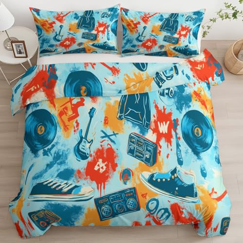Quixora Bettbezug Doppelbett 260 x 240 cm Doodle Style Totenkopf Musikinstrument Wendebettwäsche Bettwäsche Set mit Reißverschluss 3 Teilig Weiche Türkis Steppdeckenbezug+ Kissenbezüge 80x80 cm
