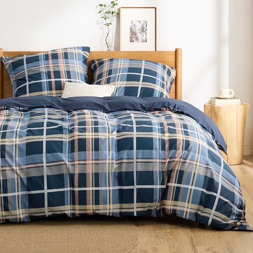 BEDSURE Bettwäsche 200x200 Baumwolle Bettbezug - Bettwäsche-Sets 200 x 200 cm 3teilig mit 2 Kissenbezüge 80x80 cm, ÖKO-TEX Wendebettwäsche Bedding mit Reißverschluss Blau Kariert Muster