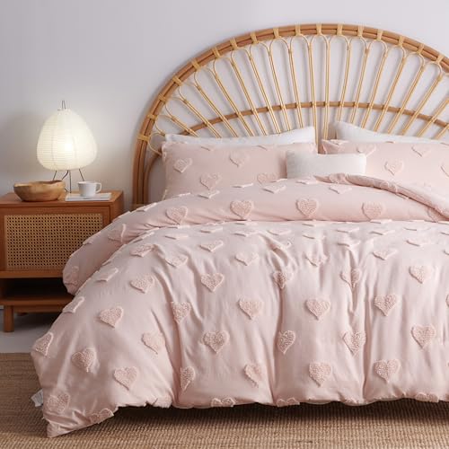 Freyamy Romantisch 200x220 3teilig Rosa Einfarbig Bettwäsche Stickerei Handwerk Bohemian Weich Warm Bettwäsche-sets Gewaschene Mikrofaser Bettbezug mit Reißverschluss + 2 Kissenbezüge 80x80