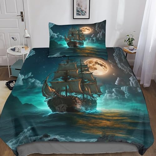DAFUfbw Pirate Boat Bettbezug Premium Superweiche, Leichter, Kissenbezüge: 80 X 80cm, 3D Sailboat Vollmond Serie Print Bedding Set, Single?135x200cm? Sailboat Vollmond Bettwäsche Set