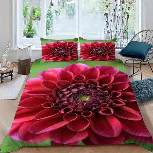 MAQUE Rot BettwäSche 135x200 Dahlie 3D-gemustertes Mikrofaser Bettwäsche-Sets, Weich Bettbezug mit Reißverschluss und 2 Kissenbezüge 80 x 80cm