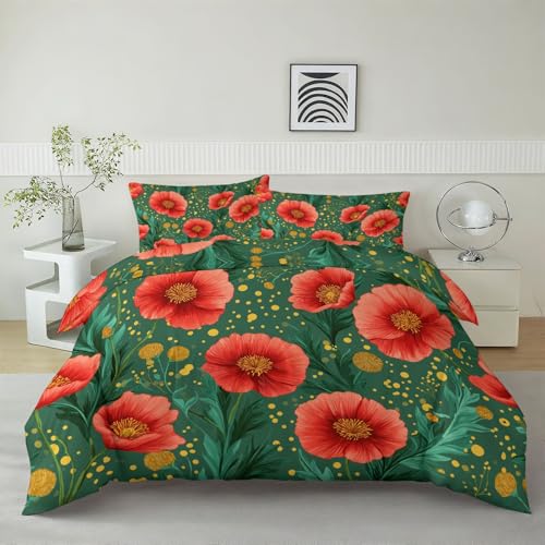 Bettwäsche Set 135 x 200 cm Mädchen Rotgrün Bettbezug Set für Kinder Jungen, Super Weich Bohemian-Pflanzen Blumen Punkte Bettwäsche mit 1 Kissenbezug 80 x 80 cm