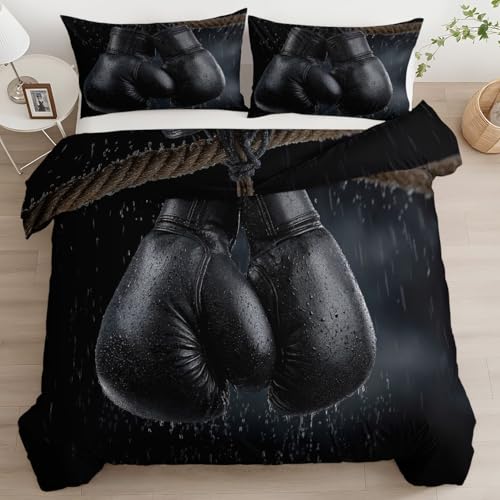 Bettwäsche-Sets Foto Boxhandschuhseil Bettwäsche 200 x 200 cm, Weiche Mikrofaser Allergiker 3 Teilig Bettbezug mit Reißverschluss für Teenager Erwachsene, Schwarz