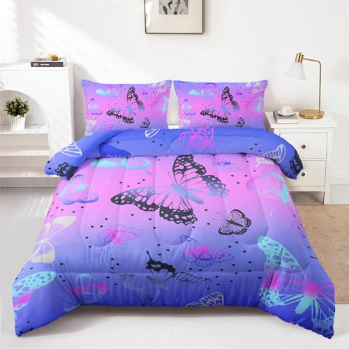 HOTRCR 3-teiliges Bettwäsche-Set mit Schmetterlingen, Farbverlauf, Bettwäsche-Set für Mädchen und Erwachsene, Schlafzimmer- oder Raumdekoration, Ganzjahresdecke, Mikrofaser-Steppdecke mit 2