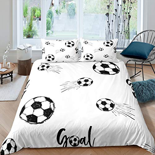 Loussiesd Jungen Fußball Betten Set Sport Thema Bettbezug Set Kinder Fußball Muster Bettwäsche Set 135x200cm Für Kinder Männer Schwarz Weiß Ultra Soft Raumdekor Bettwäsche Reißverschluss