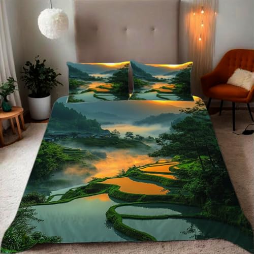 YARUHAN Bettwäsche 135x200cm,Orientalische Terrassen-Landschaft 3D Motive Bettbezüge 3 Teilig Mit Verdecktem ReißVerschluss Und 2 KissenbezüGe Sind 80x80 cm Atmungsaktive Angenehme Bettbezug#YR1