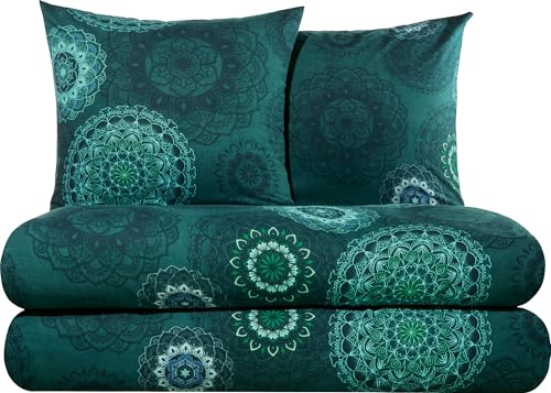 Erwin Müller Bettwäsche, Bettgarnitur Sparpaket 4-TLG. Flanell - Mandala - mollig warm, temperaturregulierend, mit praktischem Reißverschluss - Petrol Größe 80x80 cm / 155x200 cm