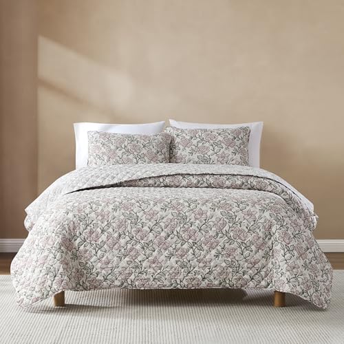 Lush Decor Zara Wende-Bettwäsche-Set mit Blumenmuster, 3-teilig, für Doppelbett/Queen-Size-Bet t, Misty Rose, Blumen-Bettwäsche-Set, Blockdruck, Vintage-Kokett-Dekor