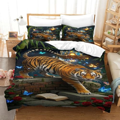 CHUIYUFULAN Tiger Bettbezug Set Bettwäsche Kinderbettwäsche Reißverschluss Mit Kissenbezügen, Betten Set Für Jungen Und Mädchen, Kinder Single?140x200cm?