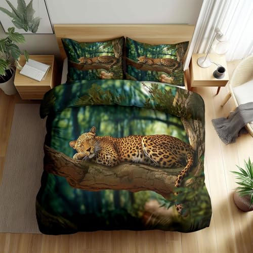 Grün Bettwäsche-Set 200 x 200 cm für Erwachsene Kinder Jungen und Mädchen, Wald Pflanze Baum Leopard Druck Weiche Mikrofaser Schlafzimmer 3 Stück Bettbezug mit 2 Kissenbezügen 80 x 80 cm