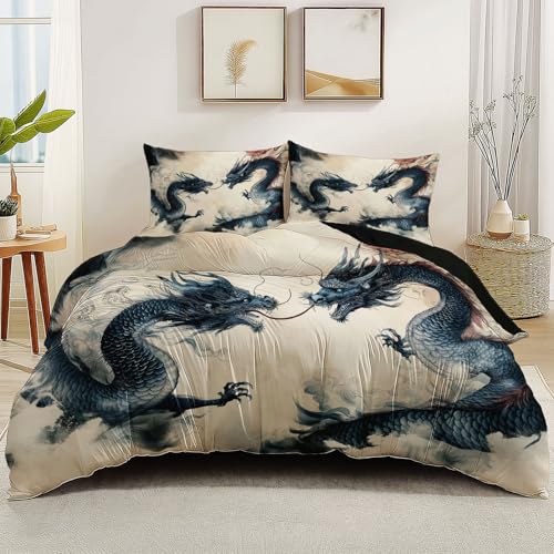 Superweiche Bettwäsche Orientalisch Tuschemalerei Drache Doppelseitig bedruckter Bettbezug Schwarz Hochwertige Mikrofaser Reißverschluss-Design 135 x 200 cm Für alle Jahreszeiten geeignet