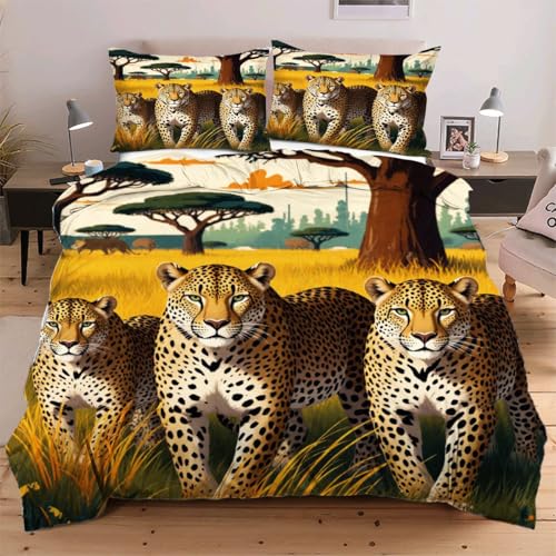 Dozrmey Bettwäsche 155x220 Tier Leopard, 3 Teilig Atmungsaktive Mikrofaser Bettbezug Set für Kinder Erwachsene, 1 Bettbezüge mit Reißverschluss 155x220 + 2 Kissenbezug 80x80 cm H213