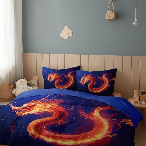 Srigzcaly Fantasie Chinesischer Drache Anime 240 X 220 cm Bettwäsche Set Mit Reißverschluss Hellblau Für Jungen Mädchen Mikrofaser Betten Set, Bettbezug Mit 2 Kissenbezug