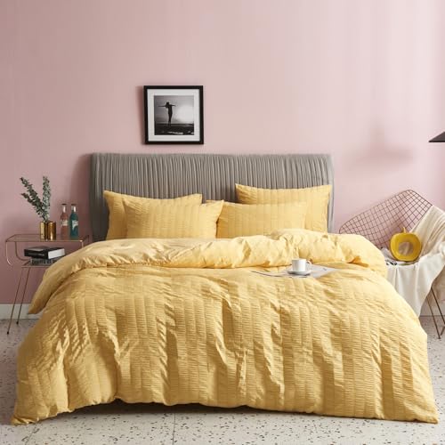 Freyamy Seersucker Bettwäsche 135x200cm 2teilig Gelb Geprägt Streifen Strukturiert Bettwaren-Sets Uni Gebürstet Microfaser Weiche Bettbezug mit Reißverschluss und 1 Kissenbezug 80x80cm