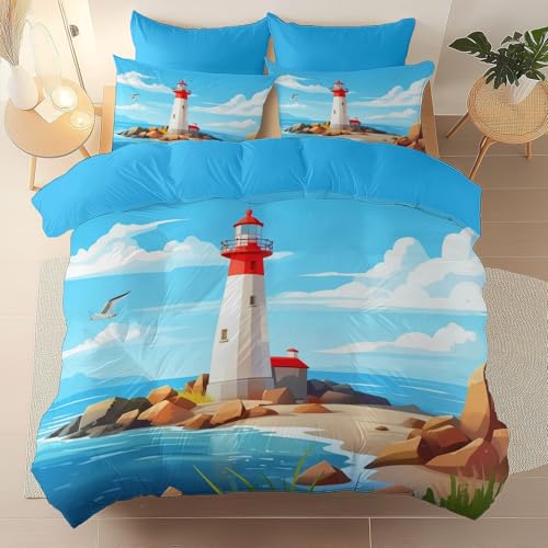 155 x 220 cm Blau Weiche Bettwäsche, Cartoon-Leuchtturm Felsen Bettwäsche-Sets Mikrofaser mit Reißverschluss, Allergiker Bettdeckenbezug ür Mädchen Jugendliche und Erwachsene
