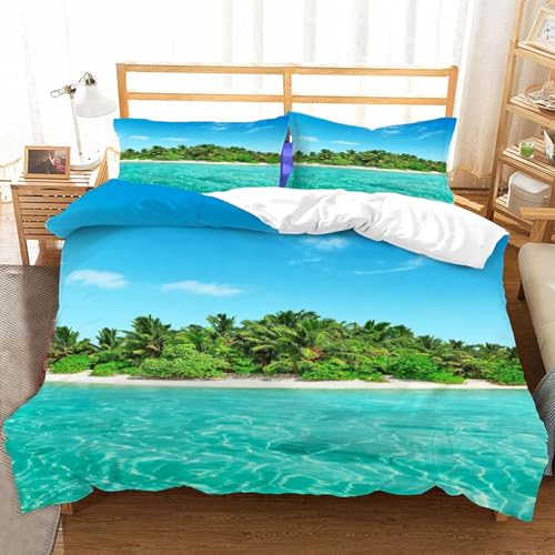 Bettwäsche 220x240 cm Tropische Pflanzen 3 Teilig Bettbezug 220 x 240 Blaues Meer Bettwäsche-Sets 3D Weiche Mikrofaser Bettbezug Set mit Reißverschluss + 2 Kissenbezüge h-3288