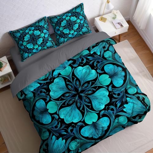 Türkis Bettwäsche 220x240 cm 3 teilig Abstrakte Blumen Mikrofaser Bettbezug mit 2 Kissenbezüge 80x80 cm bügelfrei und weich Bettdeckenbezug