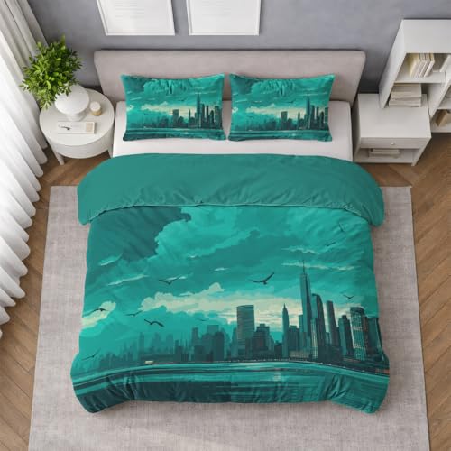 Generisch Bettwäsche 200 x 200 cm Dunkles Türkis Superweiche Mikrofaser Bügelfrei Wende Bettbezüge mit Reißverschluss Modern Design Atmungsaktiv & kuschelig Bettwäsche-Set Skyline-Blick Ruhig