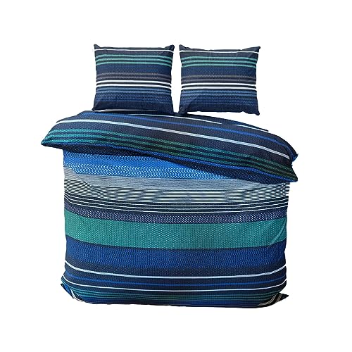 Class Home Collection Bettwäsche-Set 200x200 cm Baumwolle mit Bettbezug und Kissenbezug 80x80 cm, Ganzjahres Bettwäsche, Weich & Atmungsaktiv mit Reißverschluss Marley Blau