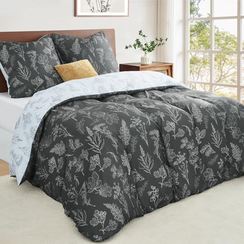 Duvetnova Bettwäsche 155x220 Blumen Grau Pflanzen Wende Weich und Angenehm ÖKO-TEX Bettwäsche-Sets 1 Bettbezug 155x220 + 1 Kissenbezuge 80x80 -alle mit Reißverschluss