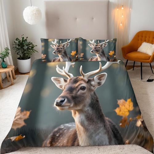 Buohwiwe Bettwäsche 135x200 Kinder Hirsch Bettbezug Set 135 x 200 cm 2 Teilig Wendebettwäsche 3D Tiere Herbst Weich Mikrofaser Bettwäsche-Sets Bettbezüge mit 1 Kissenbezug a/4558